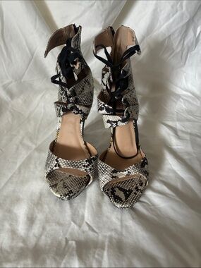 Shoe Dazzle Snake-Print Lace-Up Open-Toe Heels in Black and White